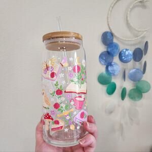 Fantasy Garden Picnic Glass Tumbler Coffee Cup 20 oz Bookish Reading Gift Flower